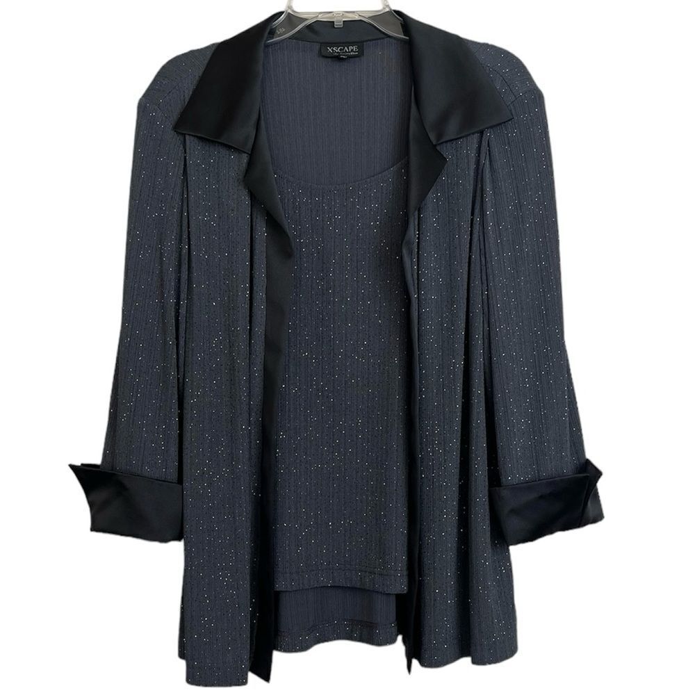XSCAPE by Joanna Chen Formal Evening Jacket w/ Built In Top Metallic Gray Large
